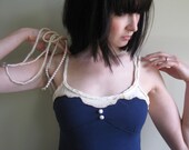 Nautical tank top - sea blue and sand white with pearl buttons, perfect for beach vacation - medium