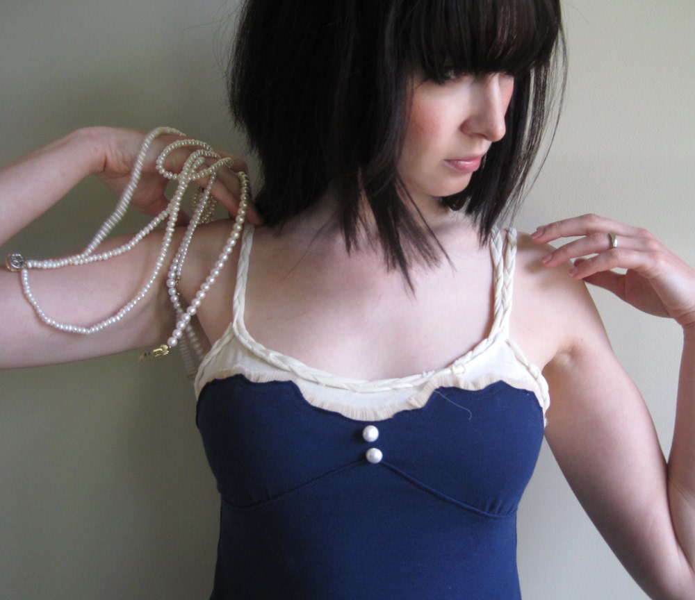Seafarer tunic - nautical style tank top with navy blue and sand white cotton jersey - small