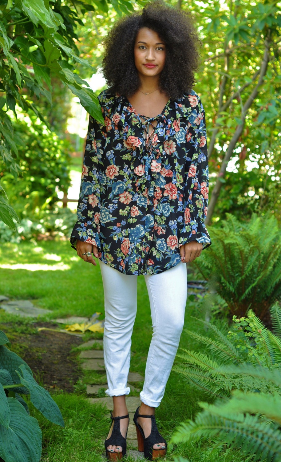 SALE Vtg 90s Floral Oversize Sheer Poet Ruffle Blouse