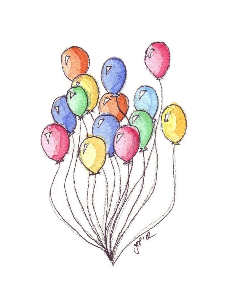 Watercolor Painting - Bunch of Balloons Watercolor Art Print, 5x7