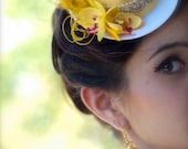 Sunshine Bride  - Mini Top Hat Bridal Garden Wedding White - Embroidered Trim Yellow Peacock Orchids and Skeleton Leaves Fascinator