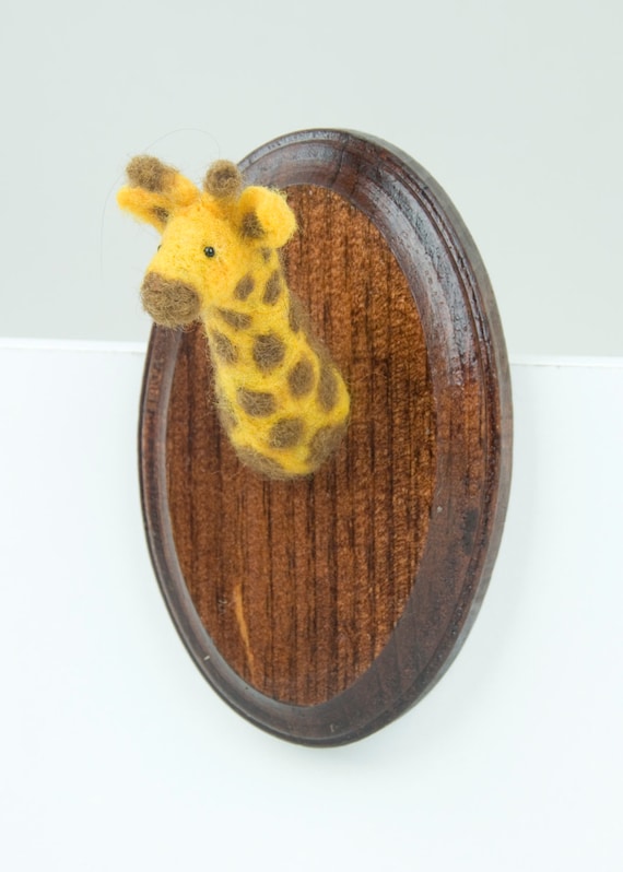 Miniature Needle-felted Giraffe Mounted Head on Wooden Plaque