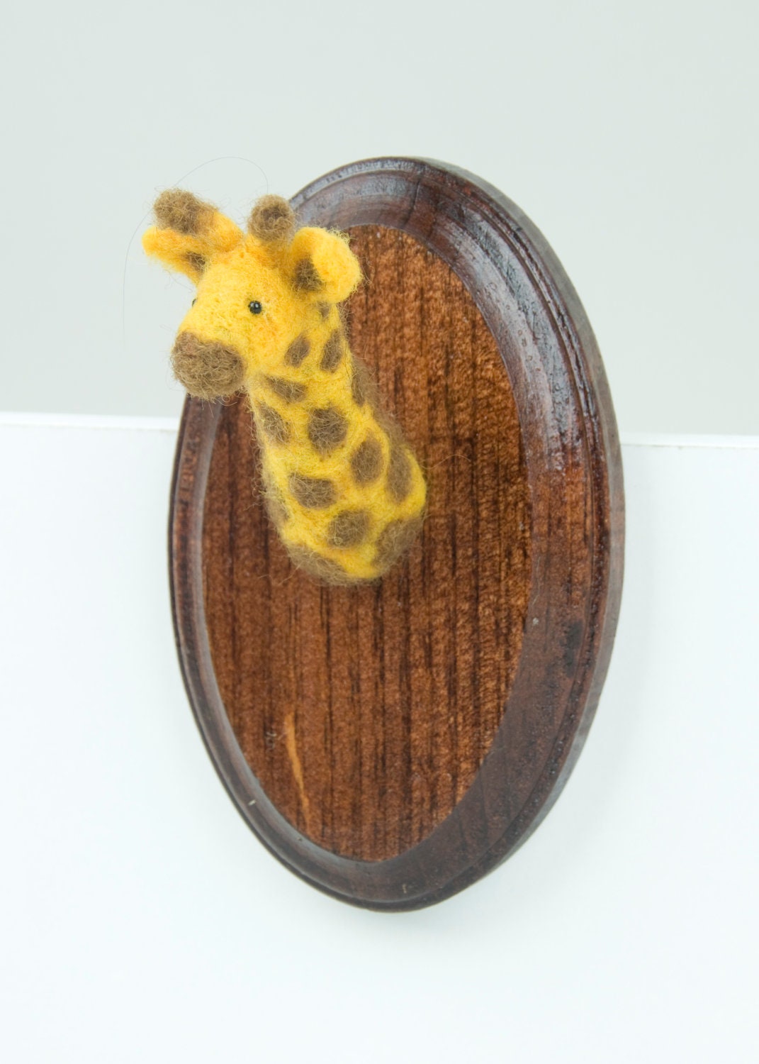 Miniature Needle-felted Giraffe Mounted Head on Wooden Plaque