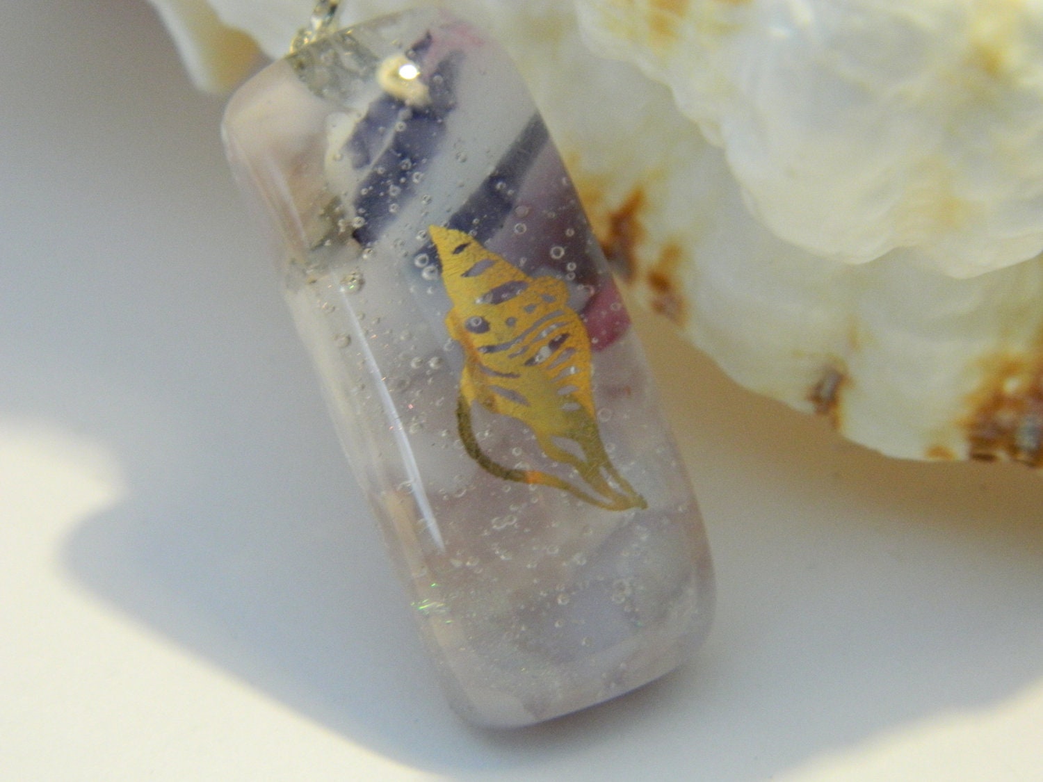 Fused Glass Gold Seashell on Pink and Black Dichroic Glass Pendant Necklace