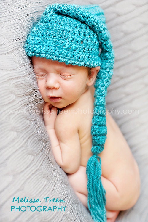 newborn baby hat crochet prop turquoise blue pixie elf newborn hat with long tail