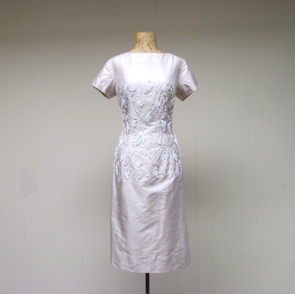 Vintage 1960s Wiggle Dress / 60s Beige Silk Beaded Cocktail Sheath / Medium