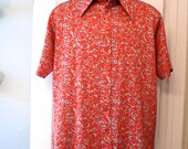 Psychedelic Disco Shirt Mens L Polyester Retro Vintage Orange & Gray Baroque Print Buttons Front Pocket Pointy Collar 70's FREE Shipping