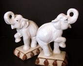 Cute ELEPHANT BOOKENDS / Tusks up / White Porcelain / Home, Office, Library, Den /  8" h / ht35