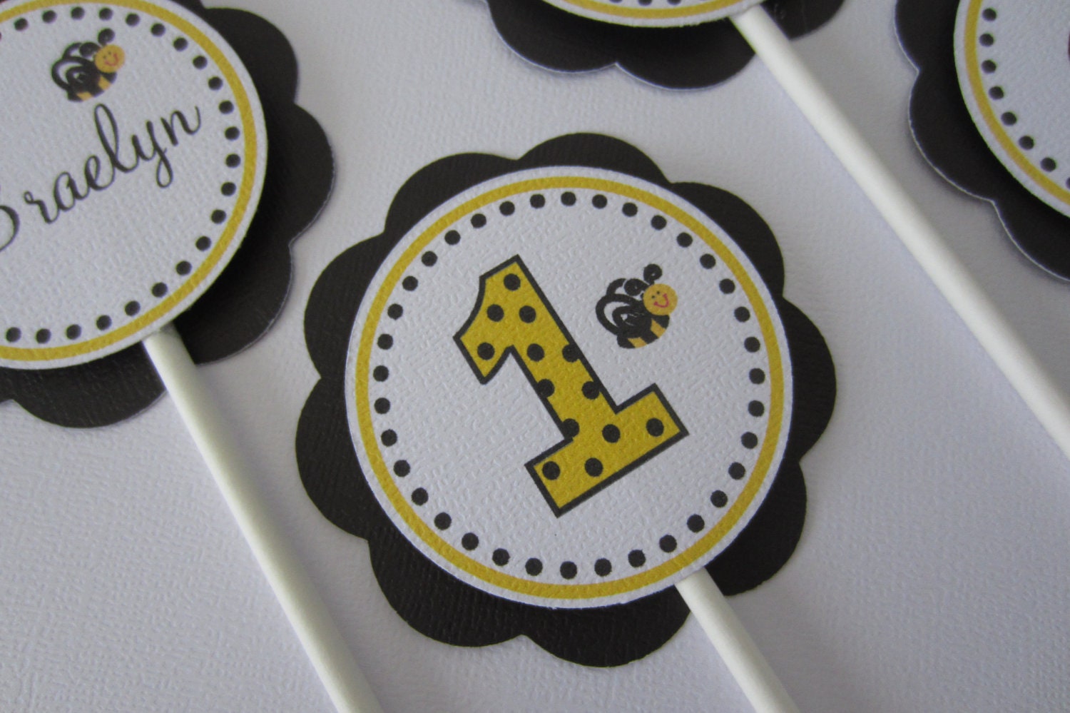 Baby's First Birthday Bumblebee Cupcake Toppers - Yellow - Black - White - One Dozen Il_170x135