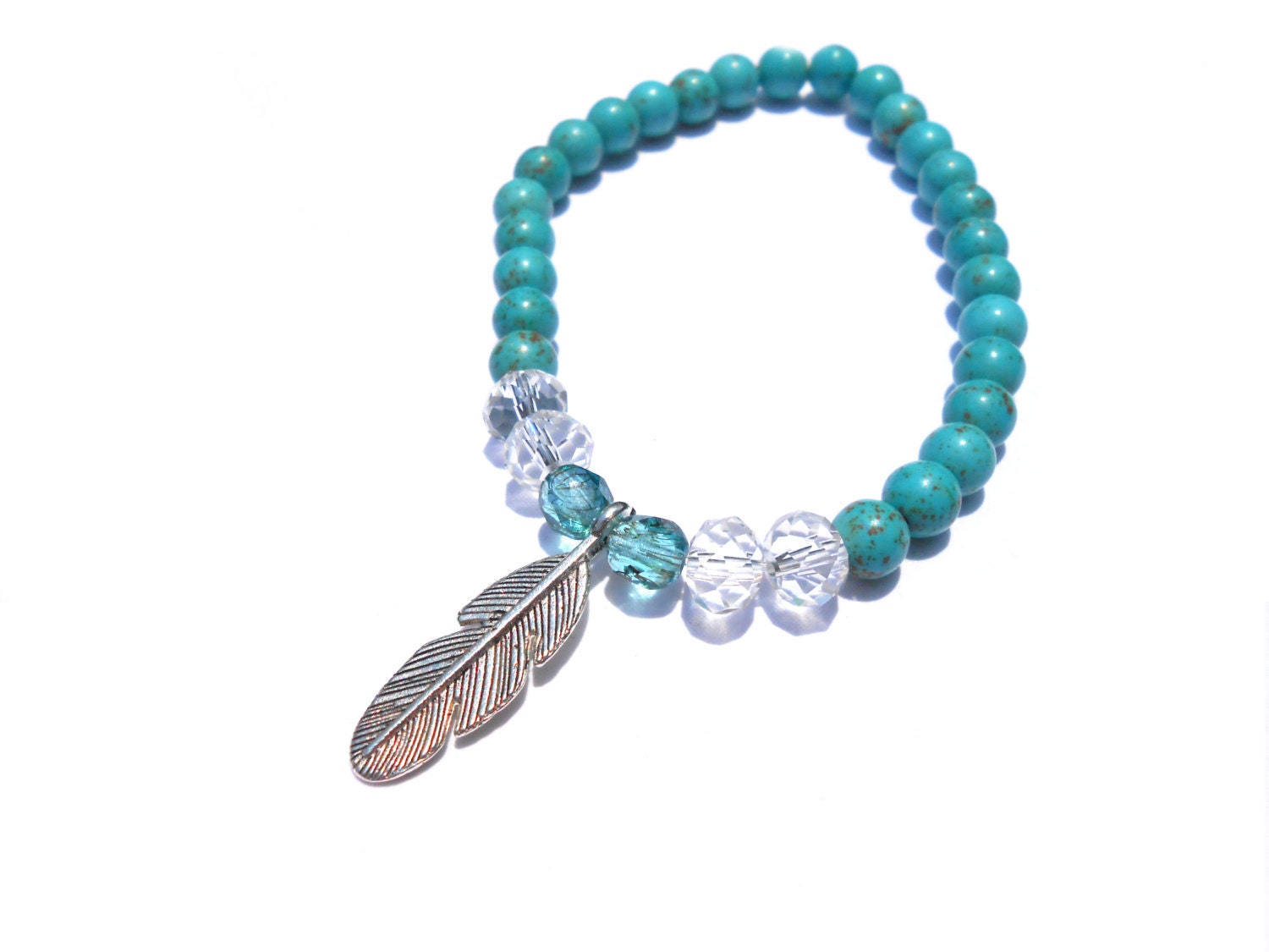 Feather Bracelet - Nature, Cute - Czech, Crystal Rondelle, Howlite Beaded Bracelet