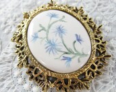 Vintage Cameo Brooch / Pin, Floral Necklace Pendant, Hand Painted Blue Flower, White Porcelain, Gold Filigree, 1970s Wedding Bridal Jewelry