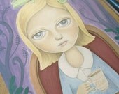 Original Painting of Girl with a Chameleon, Whimsical Art - Tea Time with Chameleon by Amalia K, Layaway Available