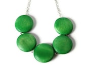 Lime Green  Necklace. Chunky Beaded Necklace. Geometric Big Round Green Wood Beads.