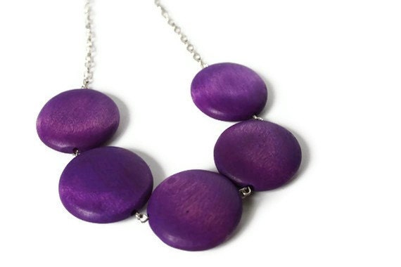 Chunky Purple Necklace, Wood Necklace with Geometric Big Round Grape Purple Wood Beads.