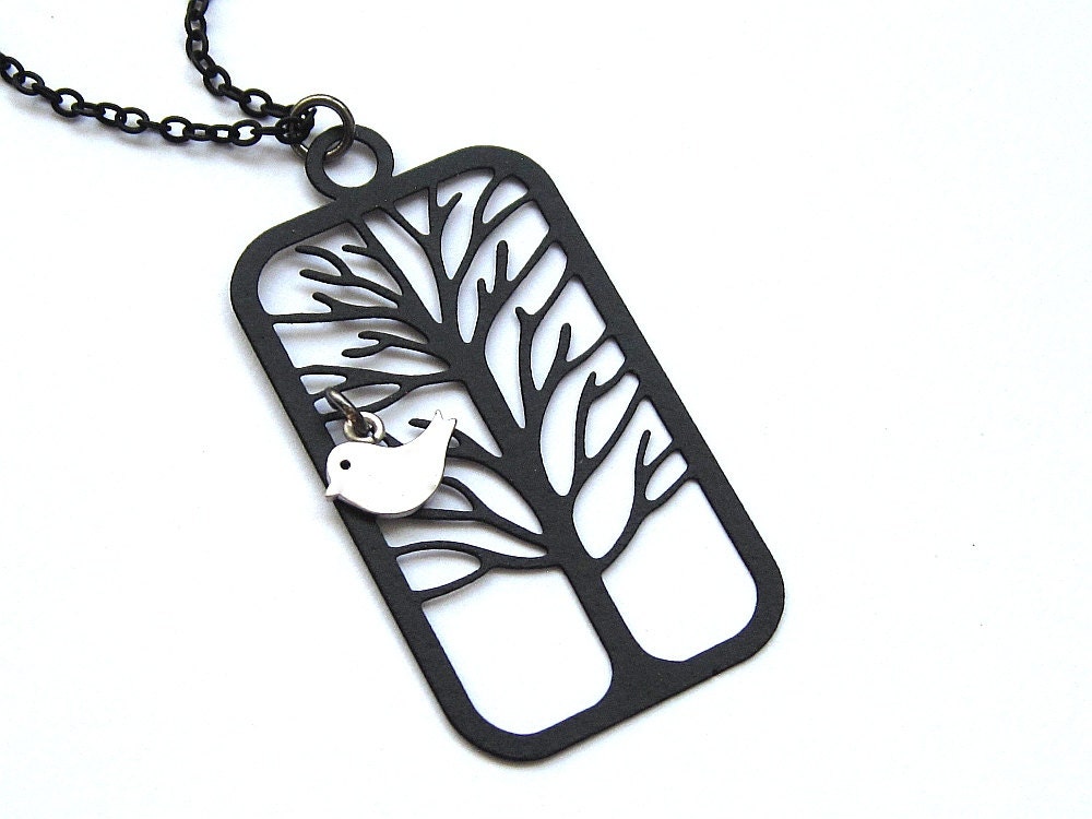 Black tree silhouette necklace, tiny silver bird on branch, black plated chain, woodland nature jewelry