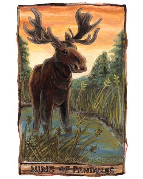Moose Art, Tarot Card Print, Nine of Pentacles, 8x10 Artwork, Woodland Animals, Sunset Picture, Forest Art
