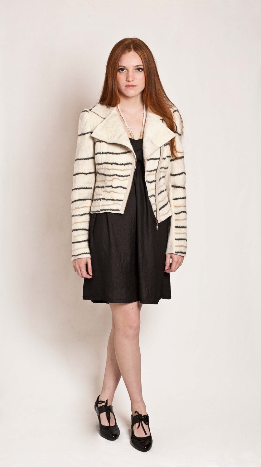 Cropped jacket, Striped felt, spring white and black biker style, motorcycle jacket, chic asymmetric closure by Texturable