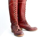 Vintage 70's Knee High Oxblood Leather Lace Boots Sz 10B