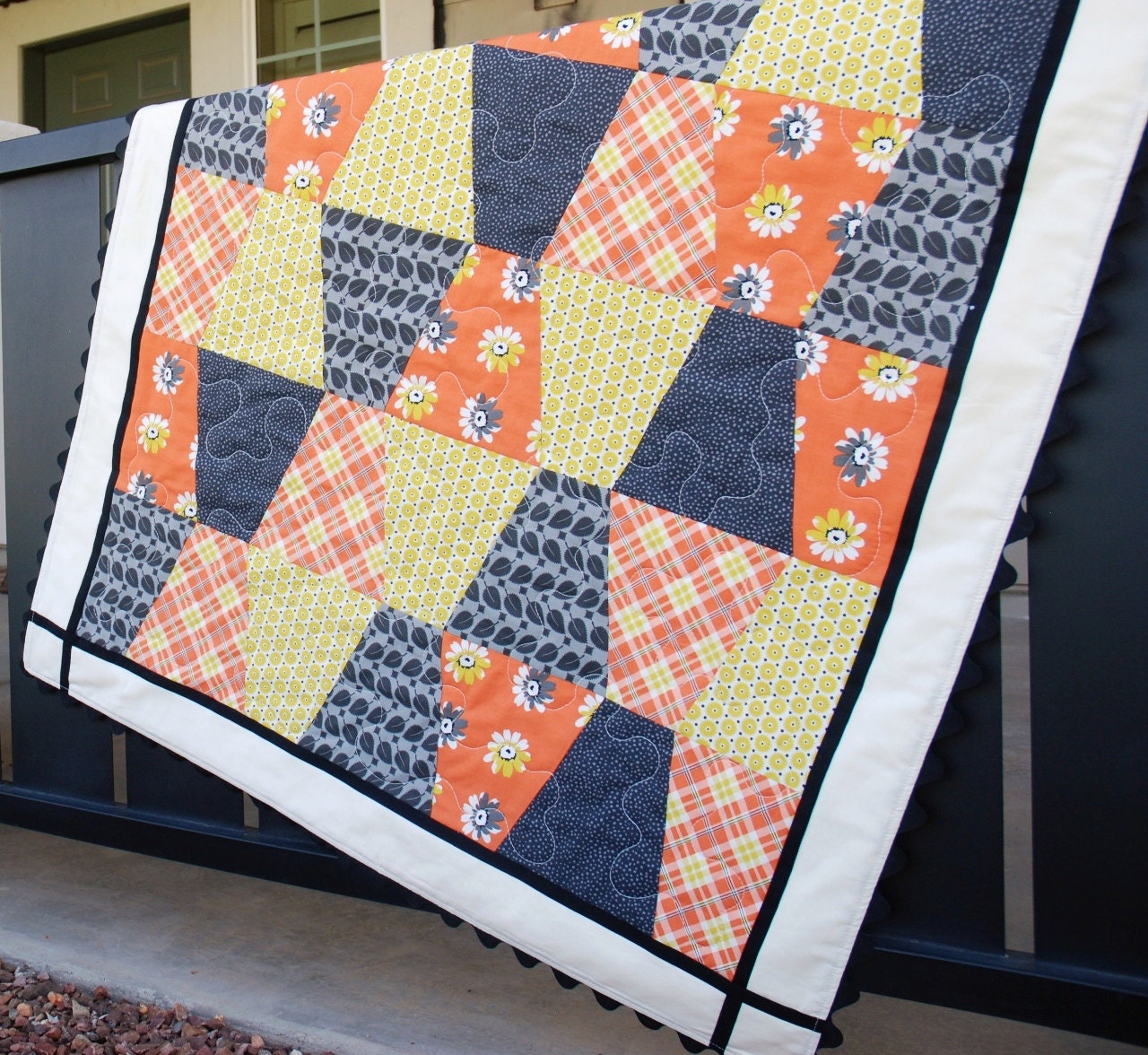 Gray Yellow & Orange, Baby Girl Toddler Quilt, Denyse Schmidt Fabrics