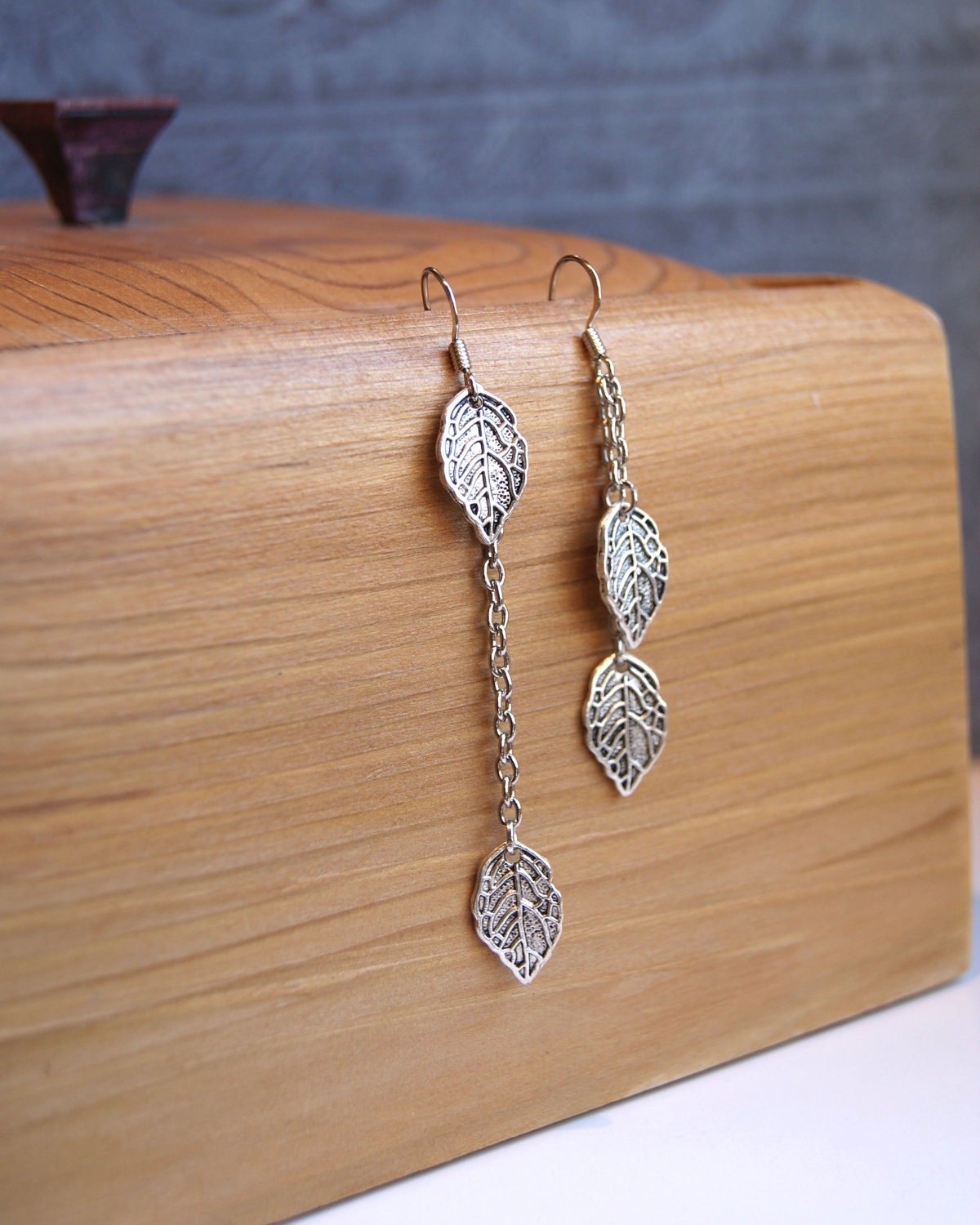 Asymmetrical Leaf Earrings Silver Leaf Earrings Dangly Leaf Earrings Leaf Charm Earrings Woodland Nature Unique Eclectic Jewelry