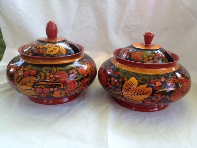 Handpainted wooden bowls with lids - vintage Russian folk art, 4-piece set, red strawberries, black with gold leaf accents