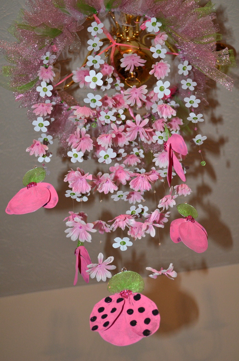 Ladybugs in Springtime (Pink/Green Flower Mobile), Nursery Decor, Baby Shower Gift READY TO SHIP