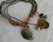 Moss agate pendant & Chinese coins w/ beaded jewelry ,Yin/ Yang symbol , jade beads , jade jewelry , double strand bead necklace