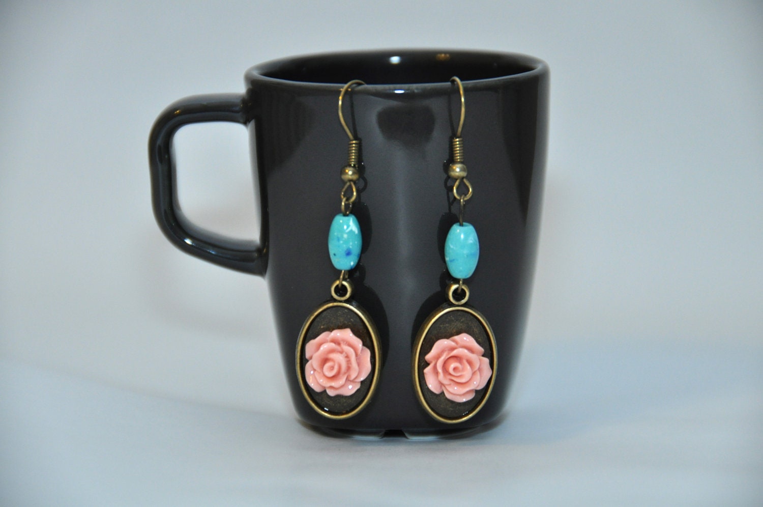 Pink Rose & Teal Dangle Earring - cabochon, bead, bronze, romantic