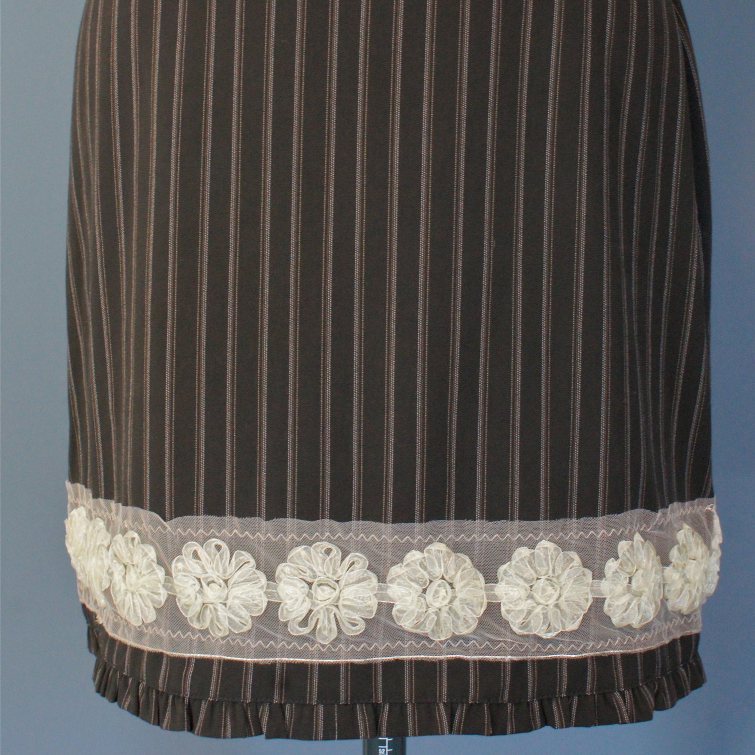 Upcycled Black Pinstripe Straight Skirt w/ Flower Trim & Petite Ruffle. Work, Dress, Evening. Eco Recycled Women's Clothing.   'Kate'