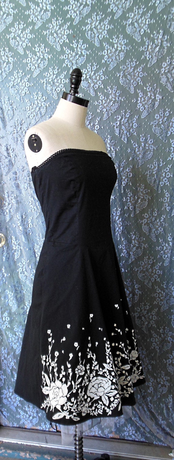 vintage BLACK ROSE DRESS size medium large 50's inspired cotton summer dress