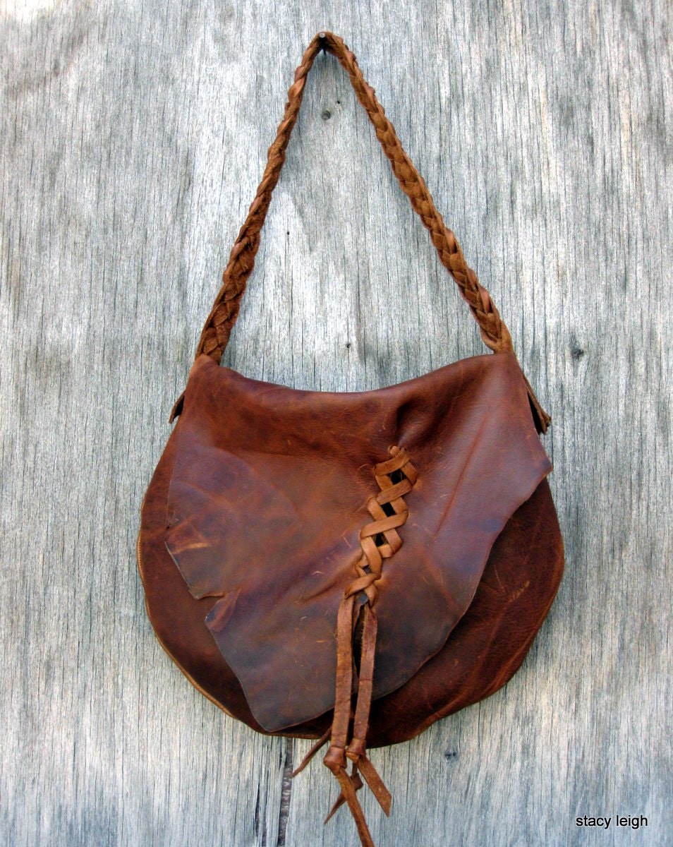 Distressed Cognac Brown Leather Haversack Bag by Stacy Leigh