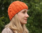 Hand Knit Cable Beanie Woman Hat - Acrylic Yarn - Pumpkin Orange