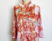 Kimono Style Tunic Top in Coral Print, Boho Beach Cover Up
