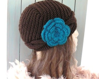 Hand Knit  hat- Cable knit  Womens  hat  Slouchy Beanie  Cloche  Wool hat   in Brown   flower  autumn winter accessories Fashion Christmas