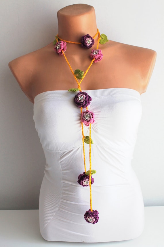 Lariat Necklace Flower Necklace Purple and Pink Hand Crochet Flowers Lariat Scarf Necklace
