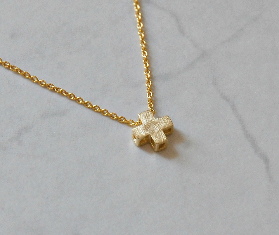 Gold cross necklace - tiny brushed gold cross pendant on gold filled chain - modern everyday jewelry - Ariel