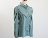 Vintage Western Shirt --  80s Teal Blue Cotton Blouse -- Medium