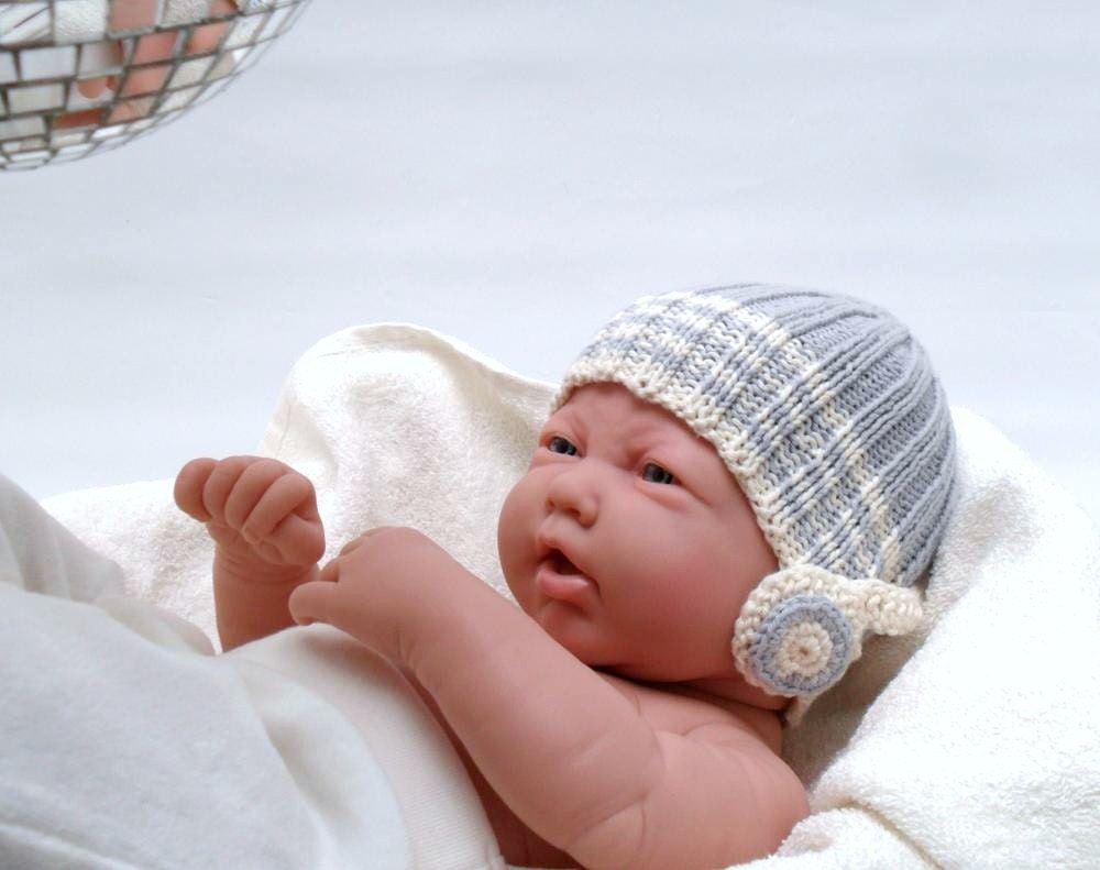 Baby DJ hat of organic cotton - with pretend headphones - 0 to 3M- photo prop - grey cream