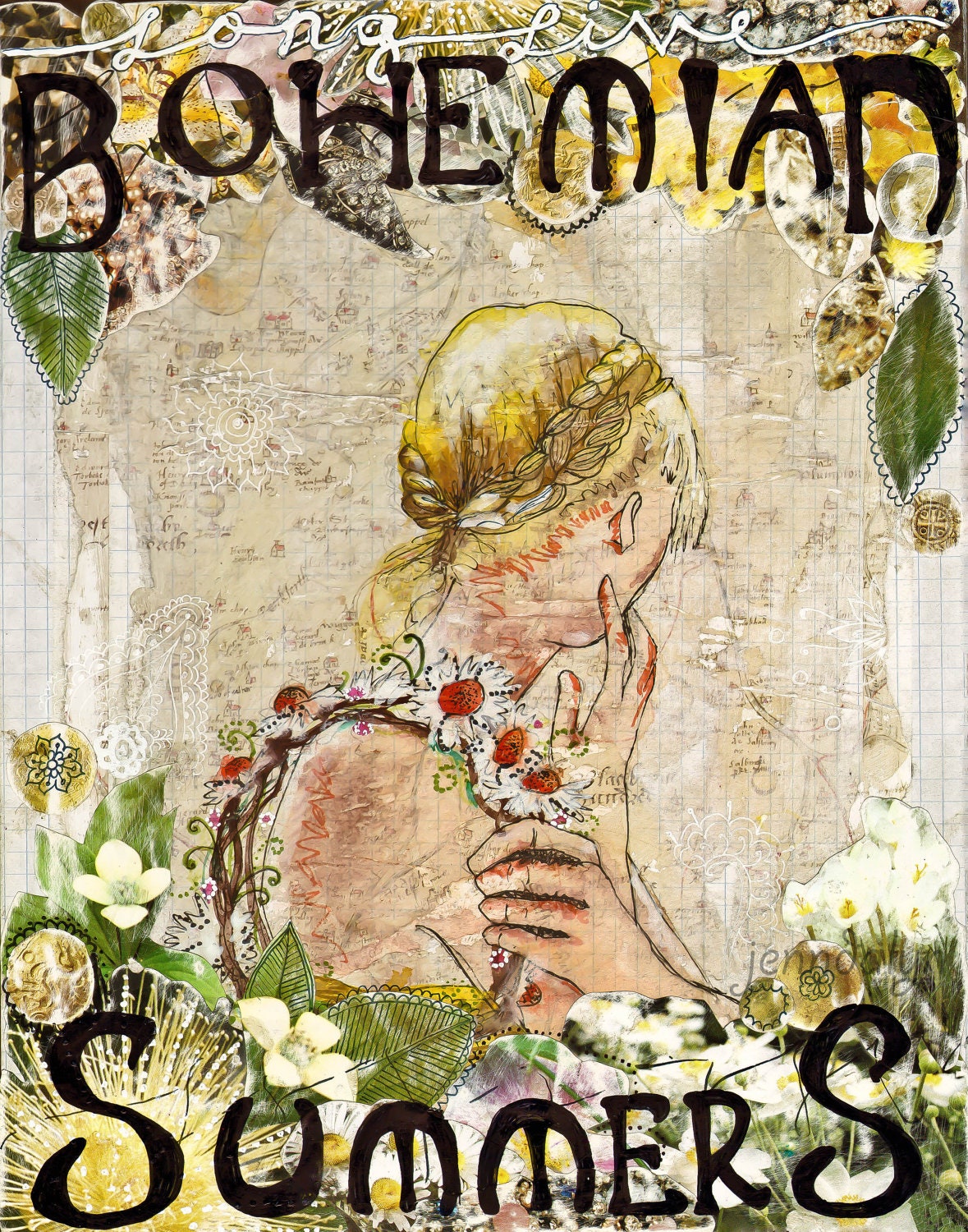 Bohemian art hippie poster art nouveau nature print - 8 x 10 PRINT hippie flowers