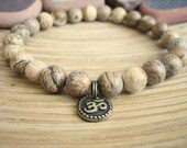 Mens Om Bracelet - Beaded Bracelet with Picture Jasper and Tulsi Wood, Bronze Spiritual Charm, Stone Mala Beads, Spring Summer Style