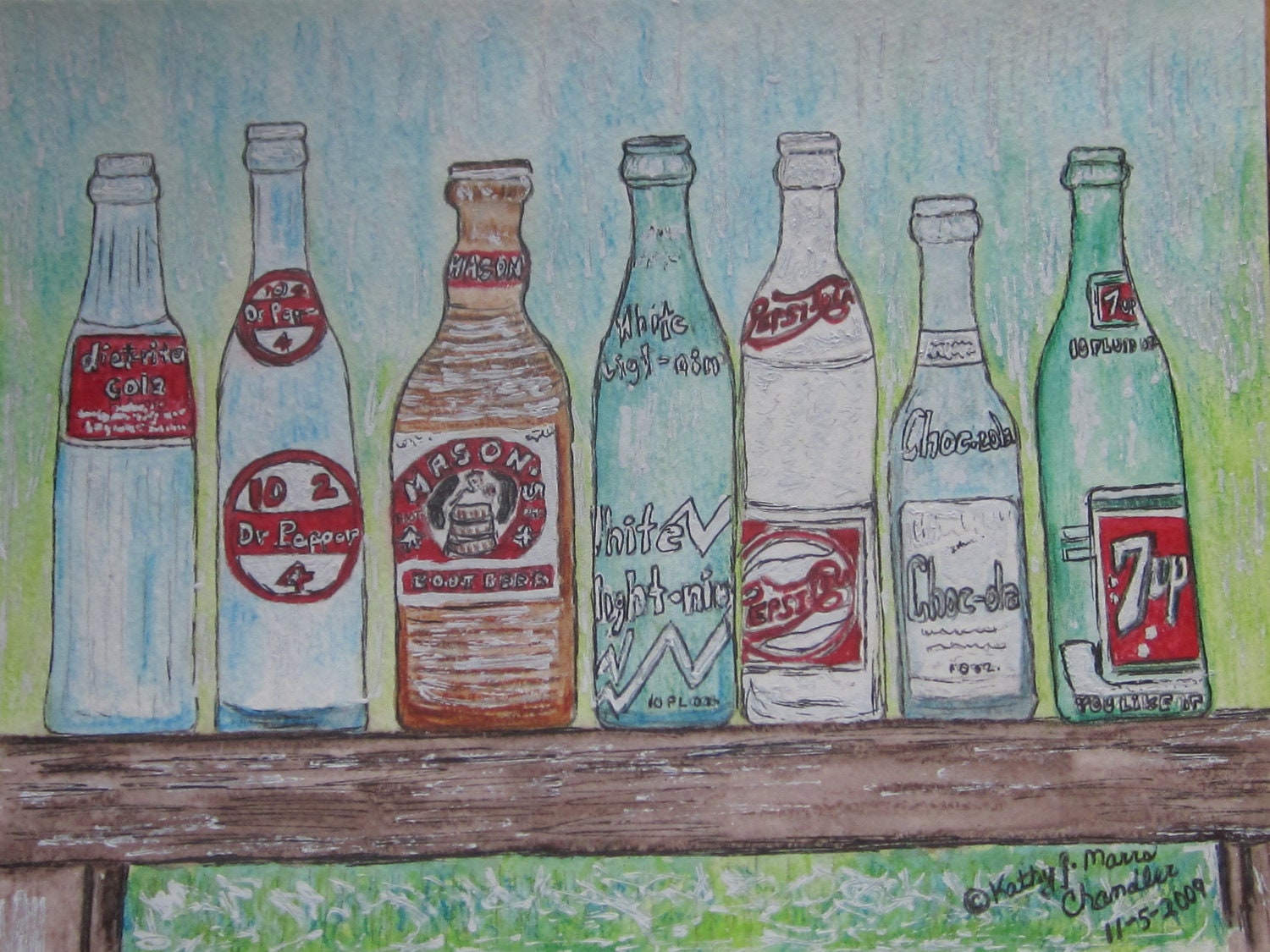 1950's Era Pop Bottles  Original Watercolor 9 1/4 X 7 (Closing Etsy Store)