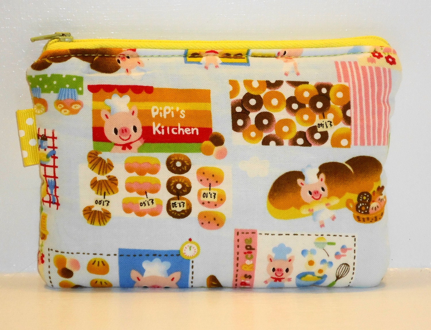 Medium Sized Padded Zippered Pouch --  Kawaii Piggies Bake Shop Blue