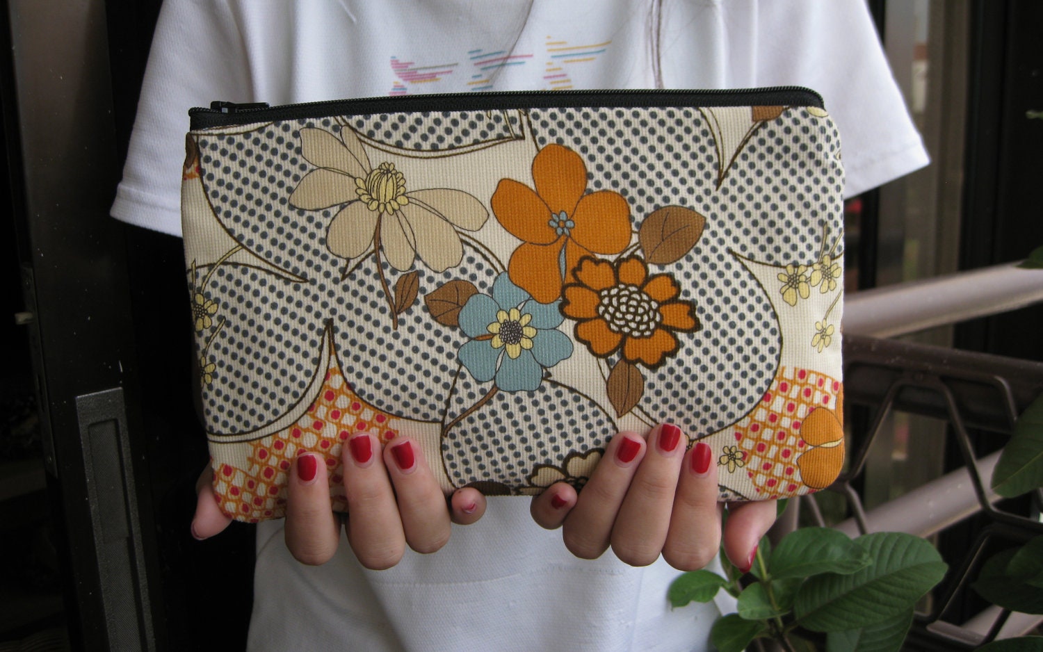 50% off  Large pouch, silk cotton clutch, handmade gift, iphone - Corduroy flowers