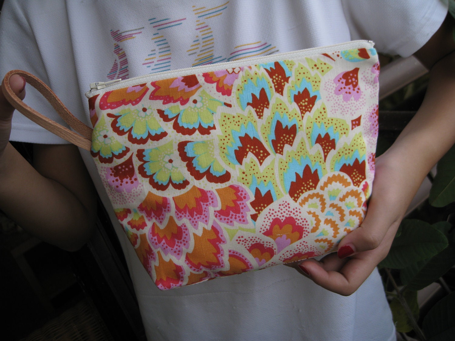 SALE Large pouch, flat bottom pouch,  handmade gift, cosmetic bag - Peacock feathers in blush