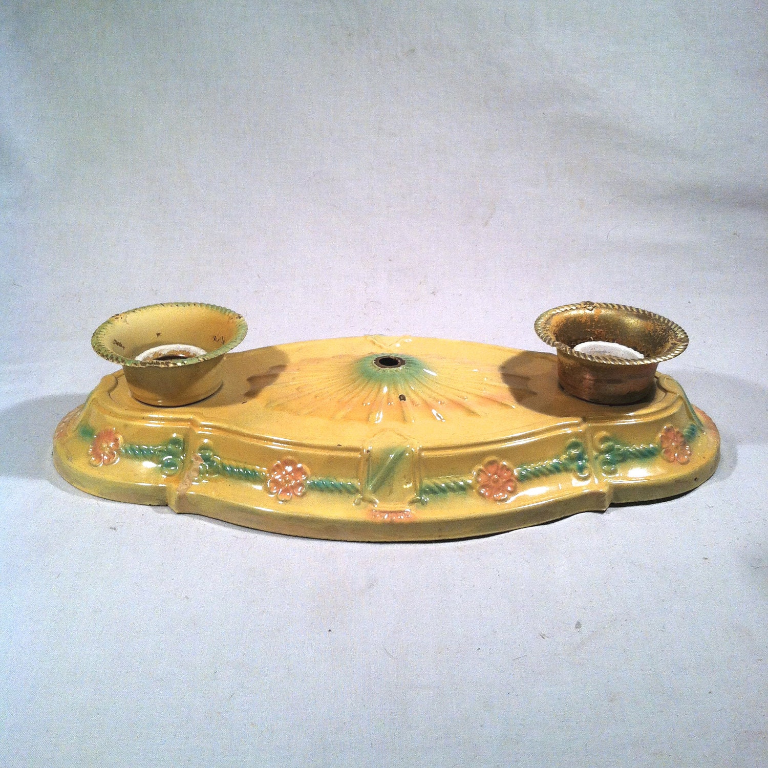 Vintage TIN CEILING FIXTURE / Old Painted Metal 2 Bulb Light Fixture / As Is For Repair or Parts
