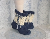 Crochet Slipper Boots, "Denim and Ivory", Wool blend,double thickness. Women shoe size 9-10.