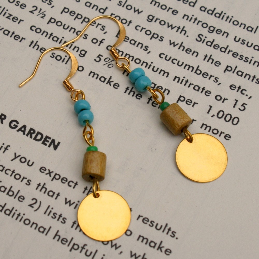 Mila - turquoise seed bead wood and gold earrings