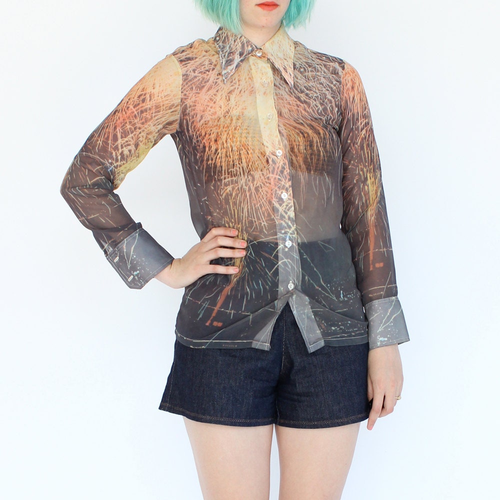 vintage 1970's photo realistic SHEER FIREWORK print blouse
