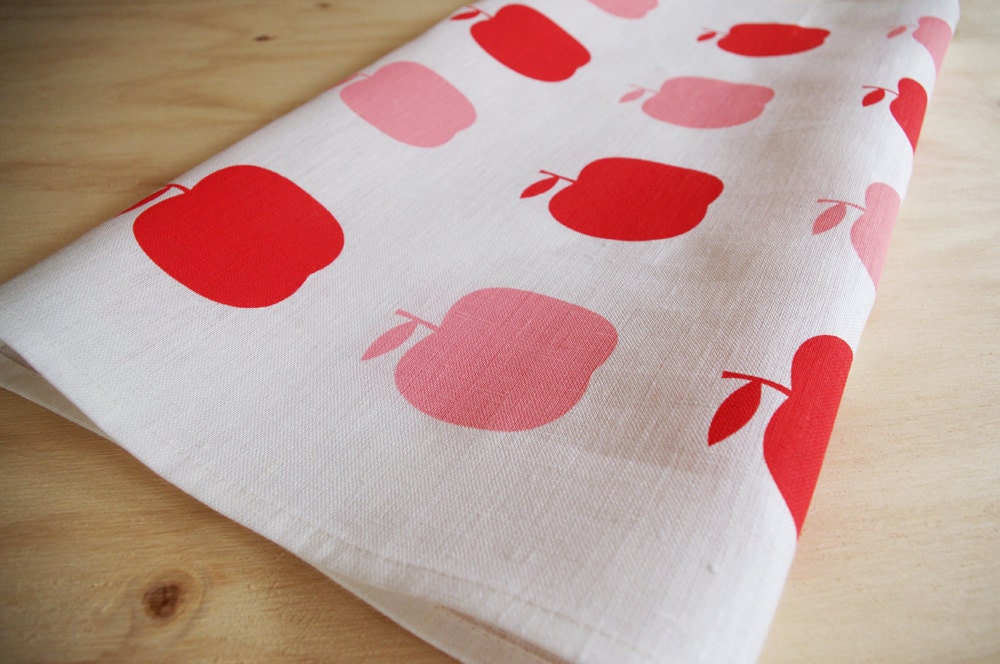 Pink & Burnt Orange 'Apples' Tea Towel on White Linen