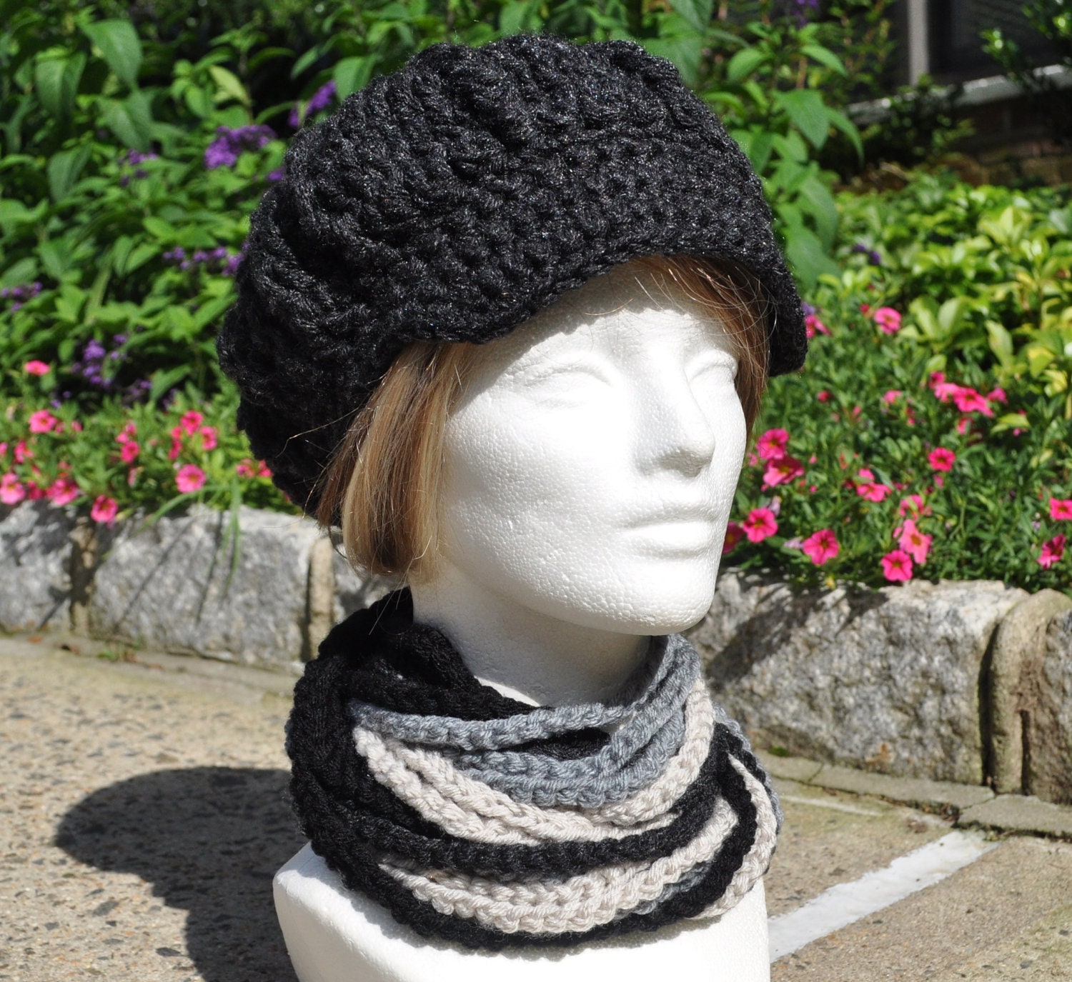 Newsboy Crocheted Hat and Matching Rope Scarf - Dark Grey Heather- Winter Accessories